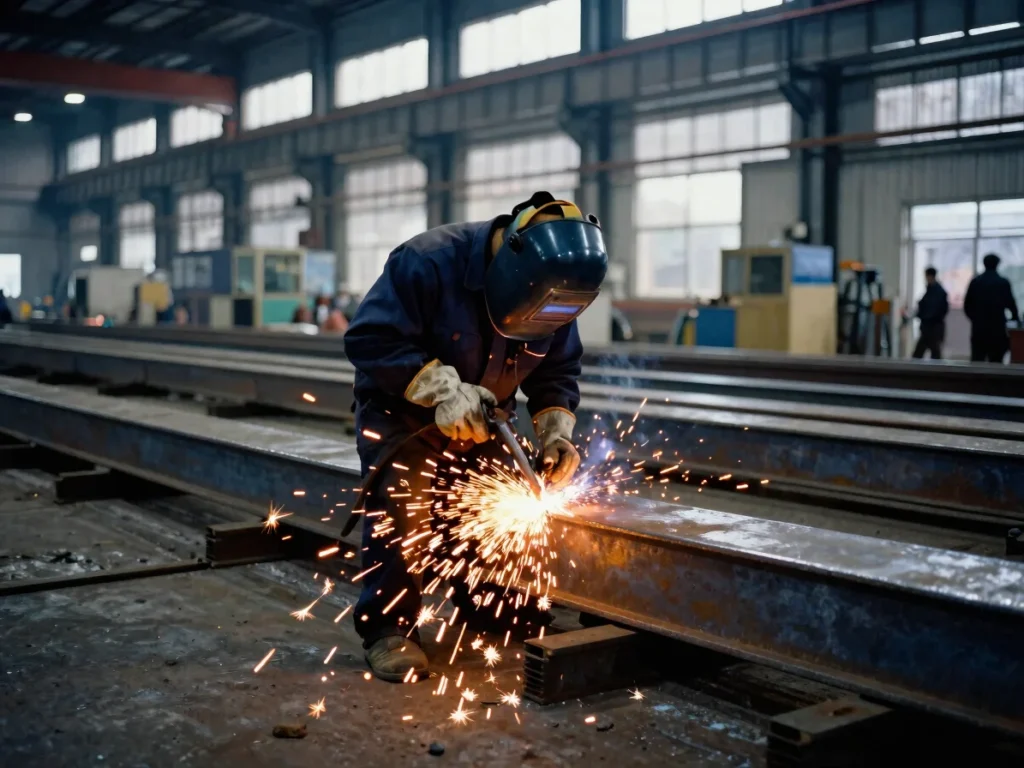 Worker in welding goggles and gloves cutting steel on a production floor