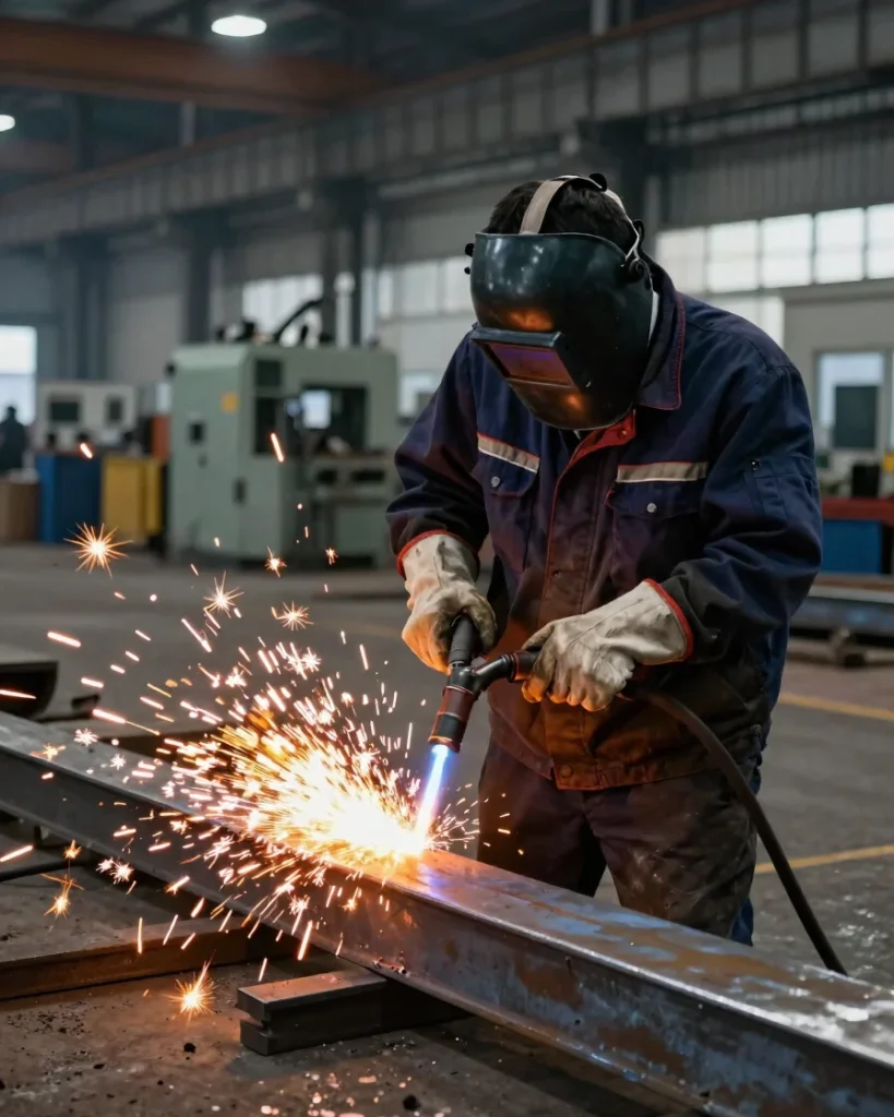 Technician in welding goggles and protective gloves working metal